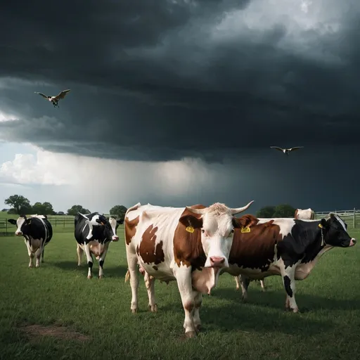 Prompt: Texas Rural shot of cows on a farm with weather coming in,  in the background and a cow flying with debree. Make it realistic add dark ominous clouds
