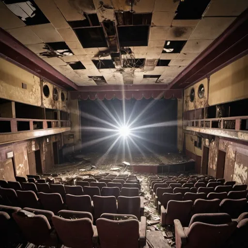 Prompt: Abandoned theater in Texas interior with old school projectors, have the room well lit by sun rays and remnants of movie reels. Show severe decay with nature reclaiming the room being protrayed. Add lots of vines and make sure the projectors are visible. Sun rays from hole in the roof