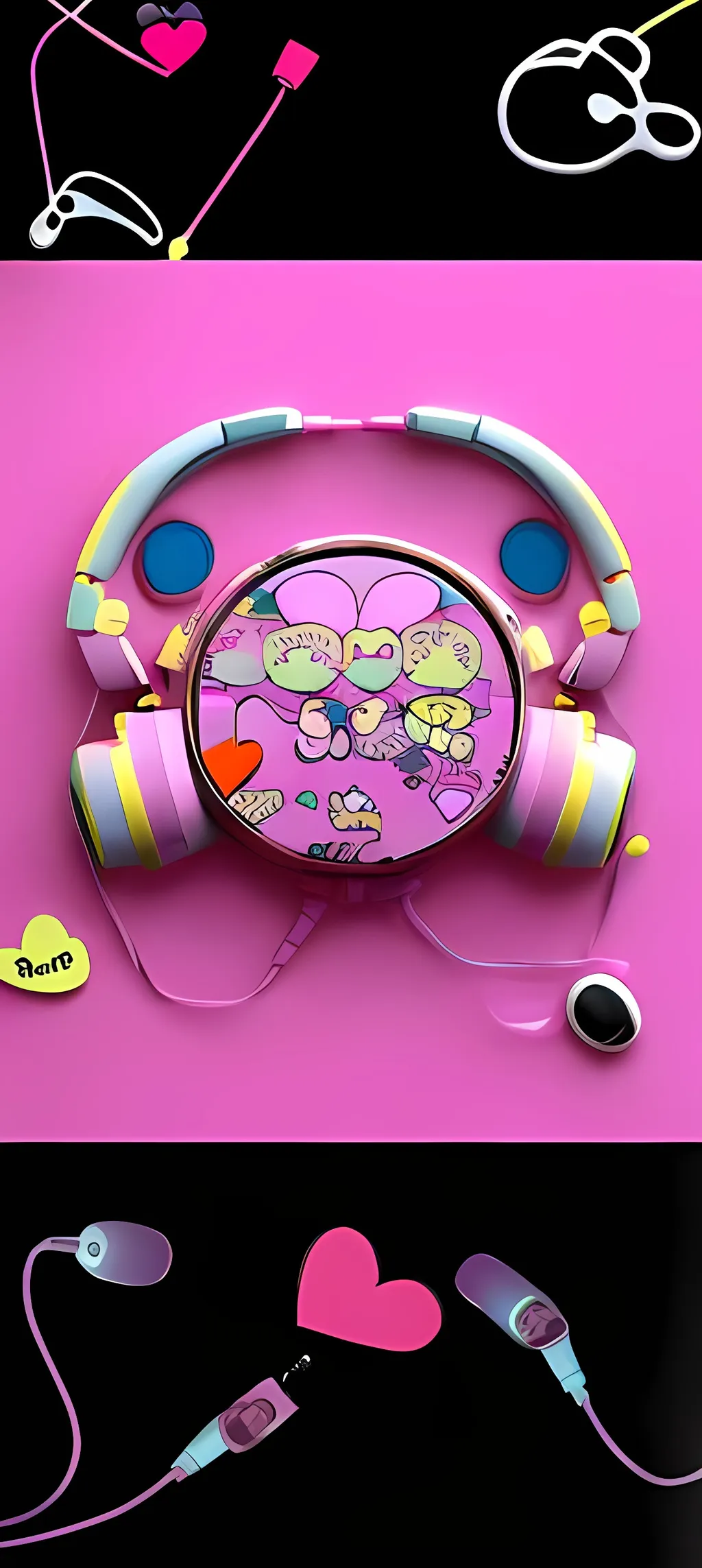 Prompt: Realistic walkman with stickers of rabbits and hearts, add headphones, retro photo style