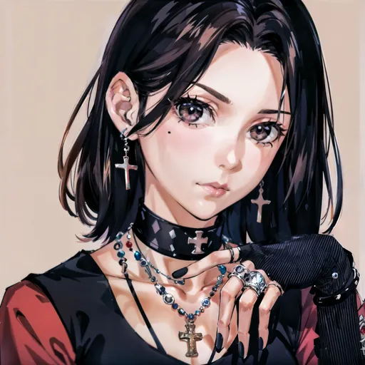 Prompt: PROMPT: masterpiece, best quality, highres, 1girl, black hair, brown eyes, looking at viewer, serious, expressionless, solo, upper body, fingerless gloves, ring, choker, jewelry, bracelet, cross, necklace, (mole under eye). NEGATIVE: (hand:1.2),(badhandv4:1.2), (worst quality, low quality, extra digits:1.4) 