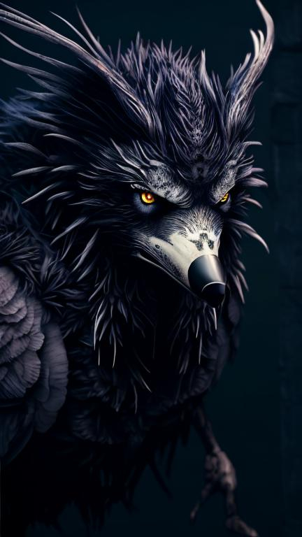 Prompt: Crow-wolf hybrid creature, dark and eerie atmosphere, detailed feathers and fur, mystical and mysterious, highres, detailed eyes, eerie, fantasy, cool tones, detailed feathers, detailed fur, haunting, mystical lighting