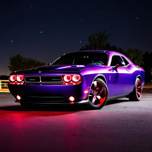 Prompt: purple dodge challenger with blood red headlights parked at night