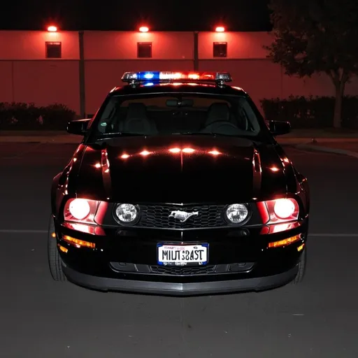 Prompt: parked black 2007 police mustang with red lights at night