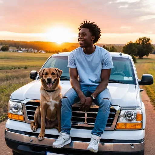 Prompt: happy young black man sitting on the hood of a pickup with his dog watching a sunset