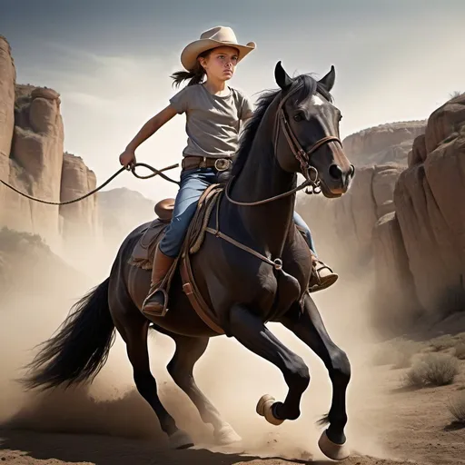 Prompt: Big girl riding black horse, jodhpurs, wielding lasso, hunting boy in t-shirt, wild west, dusty trail, dramatic lighting, high quality, realistic, action-packed, intense gaze, horseback riding, western, dynamic posing, detailed facial expressions, rugged terrain, western drama, cinematic atmosphere