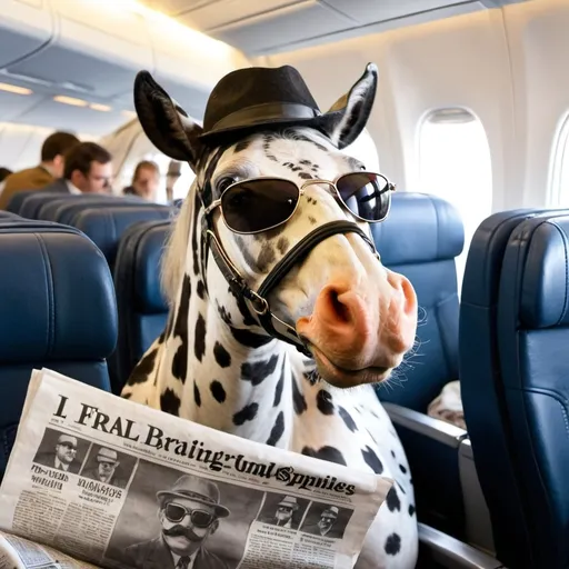 Prompt: An Appaloosa horse with sunglasses, hat, and fake mustache sits on a crowded airplane, reading a newspaper