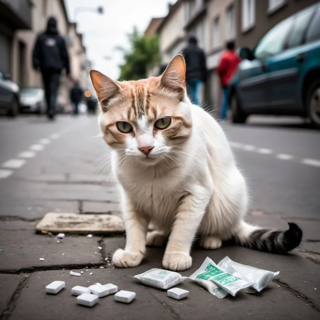 Prompt: A cat on the street dealing drugs