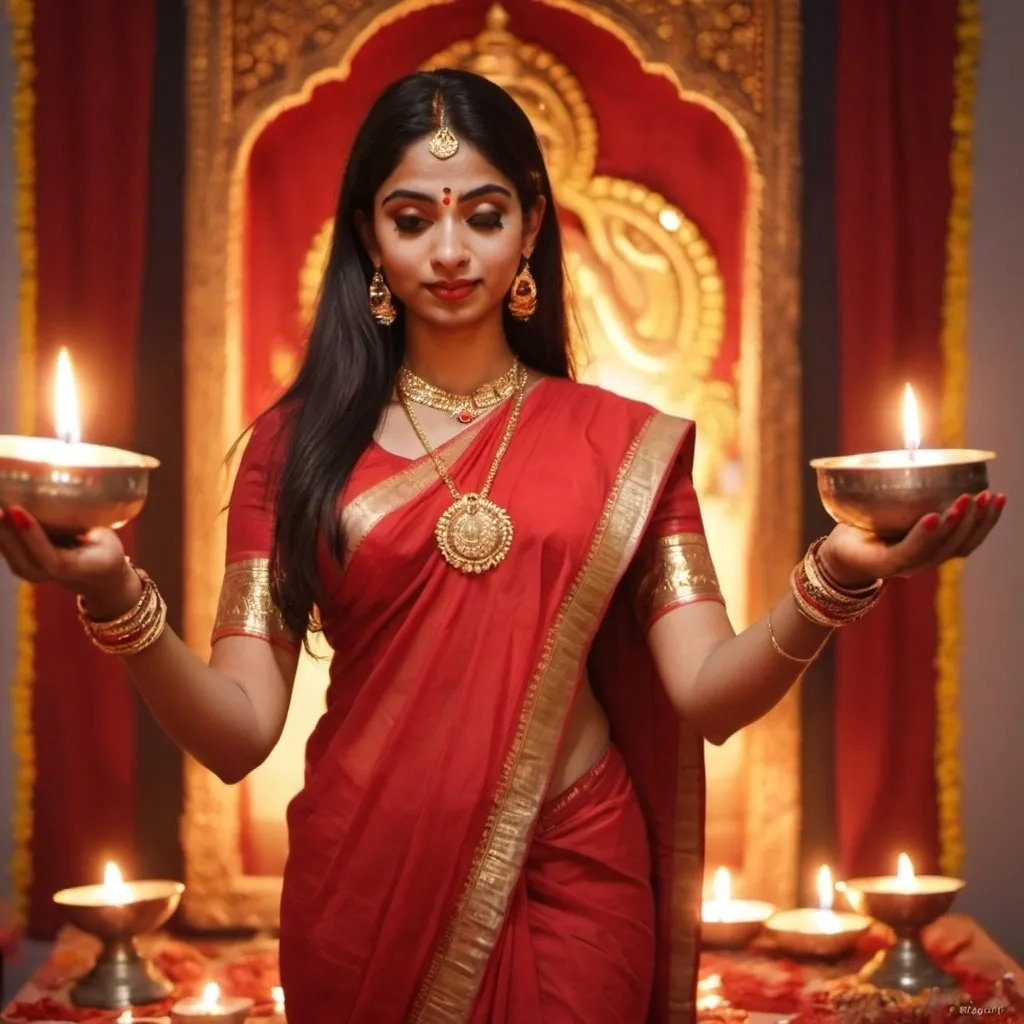 Prompt: a beautiful slim Bengali girl in a red saree doing Aarti during Durga Puja in various poses