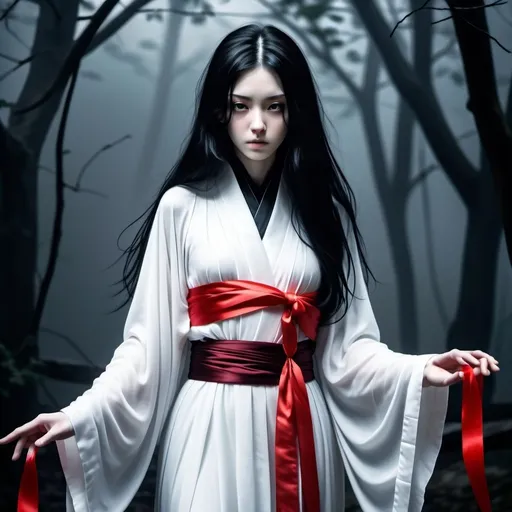 Prompt: A pale, skinny ghost girl with piercing silver eyes and black flowing hair, wearing a white classical robe with red silk ribbons. Ominous atmosphere, foggy background, haunting beauty.