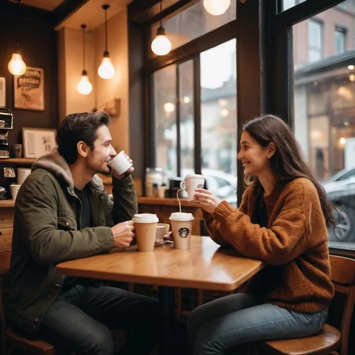 Prompt: A couple having coffee in a cozy cafe.