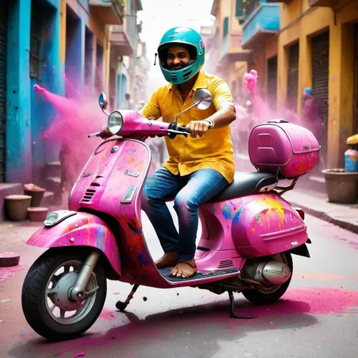 Prompt: Vespa: Create an image of a colorful Vespa scooter splattered with Holi colors, with riders joyfully celebrating the festival while riding through vibrant streets.