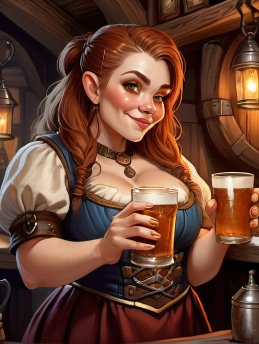 Prompt: dwarf barmaid taking drink orders, fantasy illustration, detailed facial features, high quality, fantasy, medieval, detailed attire, warm tones, cozy tavern lighting