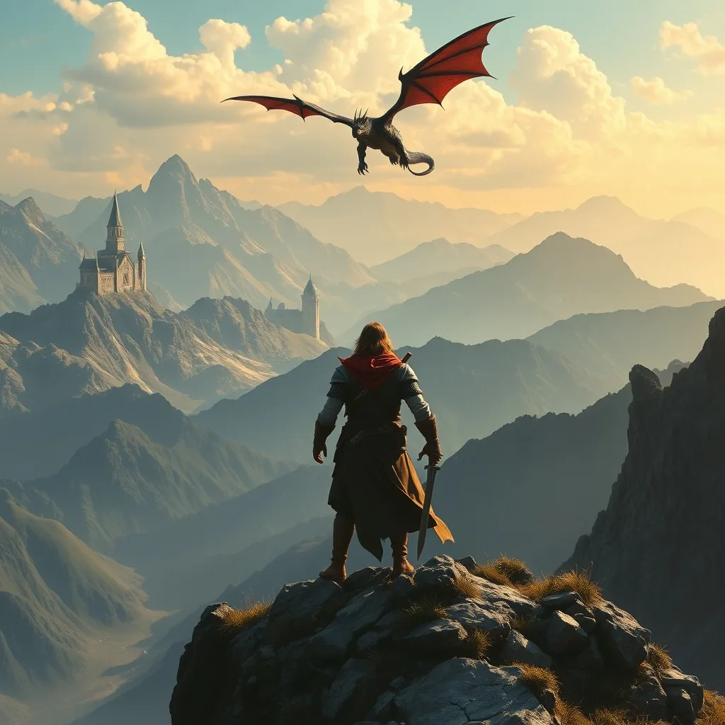 Prompt: Fantasy warrior standing on a mountain over looking a epic vast range of mountain valley in distance a castle and dragon flying above him 
  