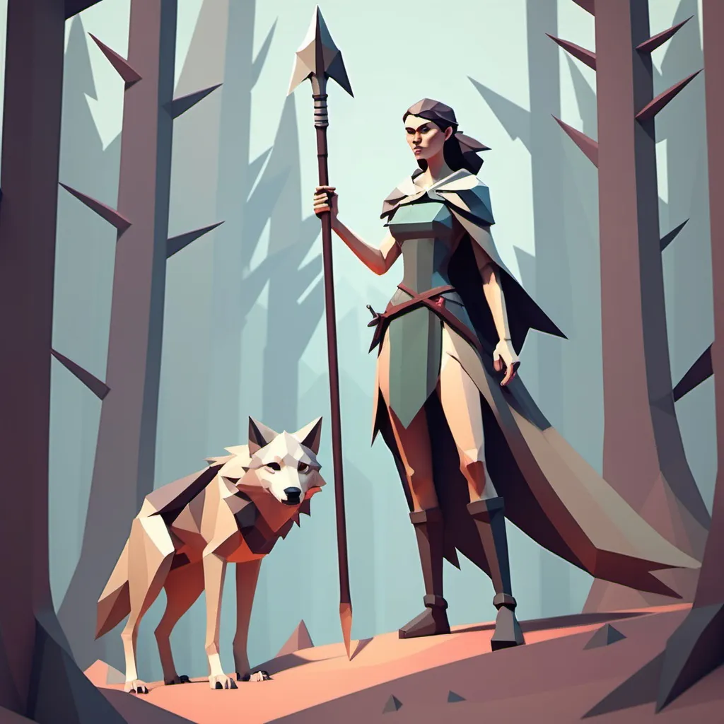 Prompt: low poly videogame art of a tall woman with an halberd and a companion wolf nearby. muted colors.