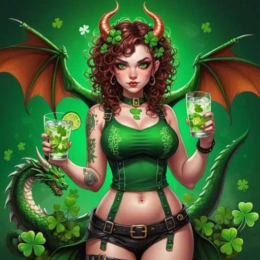 Prompt: Punky devil girl with curly brown hair, horns, and tail, curvy body, green eyes, dragon companion, gin and tonic in her hands, St. Patrick's Day theme, shamrocks, highres, detailed, fantasy, punk, vibrant colors, themed background, cool lighting, dragon, detailed character design, professional, fantasy art