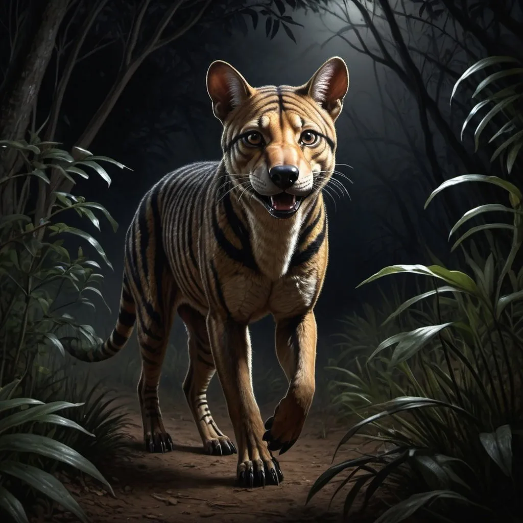 Prompt: Realistic depiction of a majestic thylacine, pitch black night setting, walking through dense shrubbery, detailed fur with subtle highlights, intense and cautious gaze, best quality, highres, ultra-detailed, realism, natural tones, atmospheric lighting