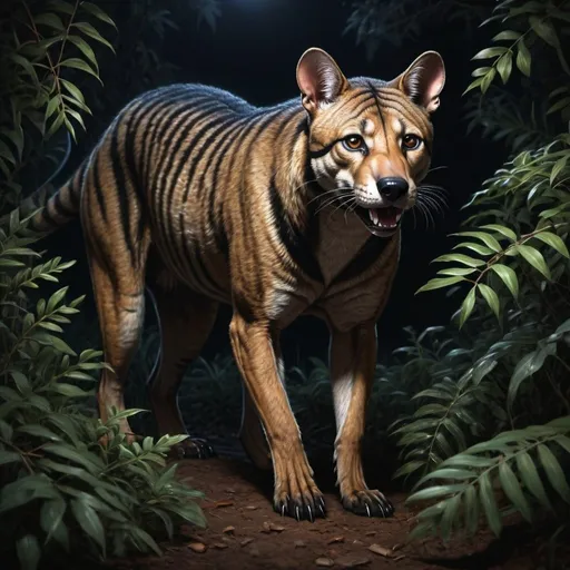 Prompt: Realistic depiction of a majestic thylacine, pitch black no moon night setting, walking through dense shrubbery, detailed fur with subtle highlights, intense and cautious gaze, best quality, highres, ultra-detailed, realism, dark tones