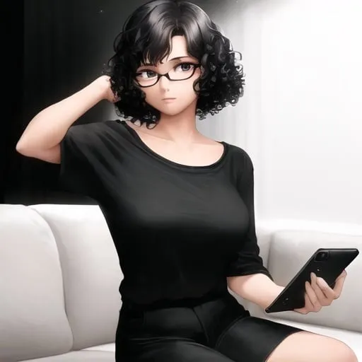 Prompt: A girl. with curly black short hair. wearing eyeglasses. wearing plain white tshirt. 

posing on living room while using cellphone. black background room
