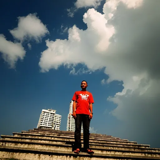 Prompt: a man standing on steps in front of a building with a sky background and clouds in the background,, Abidin Dino, sumatraism, city background, a picture