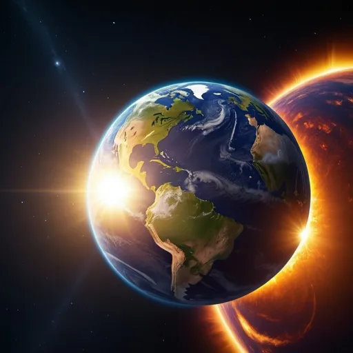 Prompt: (Earth spinning around the Sun), South America in the foreground, Sun in the background, vibrant colors, high contrast lighting, warm sunlight rays, captivating and dynamic atmosphere, deep blue outer space with twinkling stars, high detail planet textures, photorealistic, ultra-detailed, 4K quality.