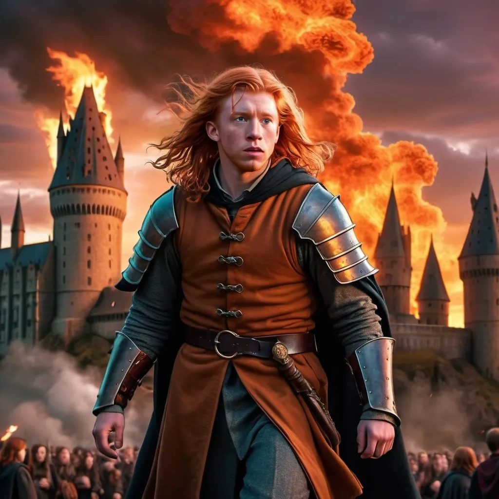 Prompt: Charlie Weasley arriving to the Battle of Hogwarts