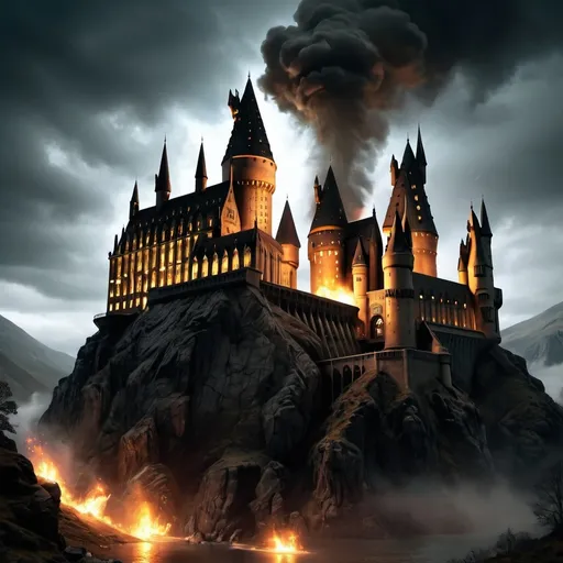 Prompt: Hogwarts School of Witchcraft and Wizardry under attack