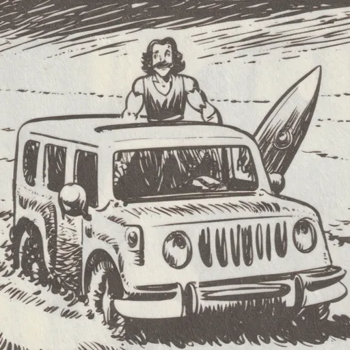 Prompt: (cartoon of a white Landcruiser Prado 95 Series), (man in his late 20s), long brown hair, moustache, welcoming smile, vibrant colors, cheerful atmosphere, sunny beach background, surfboards on the roof, playful vibe, dynamic composition, bright and inviting scheme, high-quality details, playful character design.