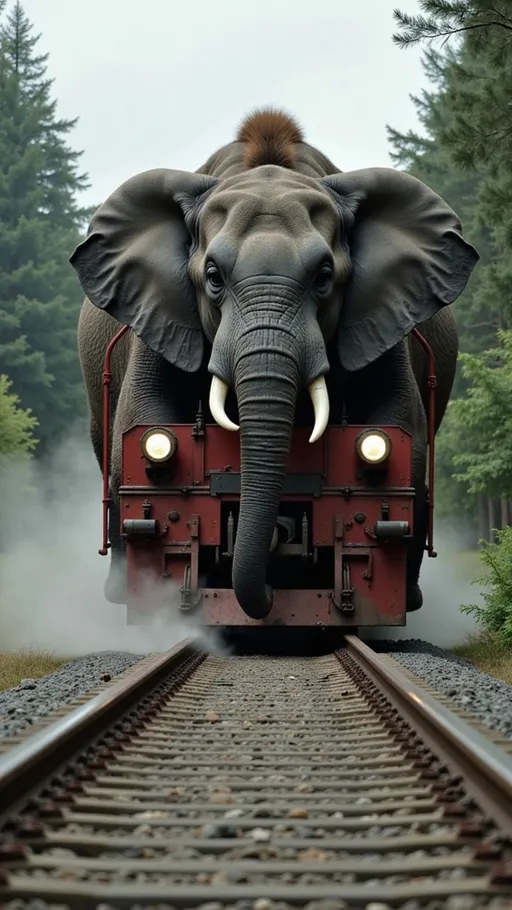Prompt: A hyper-realistic 9:16 cinematic animation. A massive silverback gorilla and a large African elephant are standing directly in front of a red diesel locomotive on a perfectly straight railroad track. The gorilla and elephant are pressed back-to-front against the train's face, with no space between them and the train. The gorilla is on the left and the elephant is on the right, but both are positioned directly in front of the train’s center. The train’s front surface, metal texture, and one or two round headlights are still partially visible behind the animals' shoulders and heads. Thick smoke and dust rise from beneath their feet due to intense friction. The track is straight and runs through dense forest. The camera is low and frontal, focused on their front-facing bodies while showing clear evidence of the train pushing from behind. Cinematic lighting, ultra-realistic texture, motion and pressure effects.