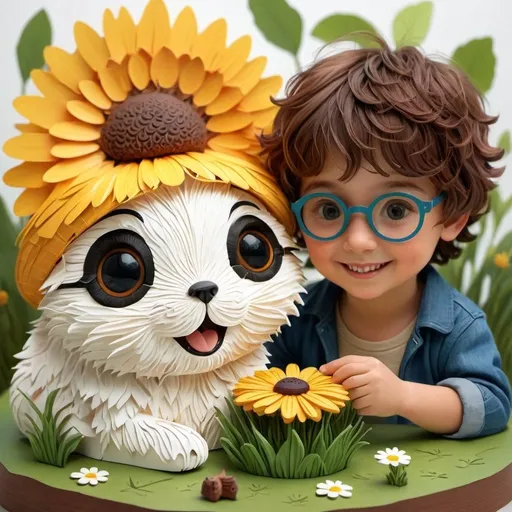 Prompt: Create a beautifully detailed digital artwork depicting a cute boy and a whimsical, friendly creature playing with a puzzle. The scene should be rendered in 8K, capturing every intricate detail of this adorable moment. The boy is portrayed with a heartwarming smile, exuding joy and curiosity. 

The friendly creature is a fluffy and furry being with a snowy white appearance, featuring large, soulful eyes and a beaming wide smile. It wears a large, perfectly shaped daisy as a hat, adding to its enchanting and playful presence. The setting has a soft focus and a dreamy depth of field, making the entire scene appear magical and charming. 

This 3D rendered illustration should showcase a highly detailed and captivating interaction between the boy and the creature. The vibrant colors and finely detailed textures should bring the scene to life, highlighting the bond and playful atmosphere shared between them. The artwork should be incredibly adorable and visually stunning, reflecting a perfect blend of whimsy and warmth.