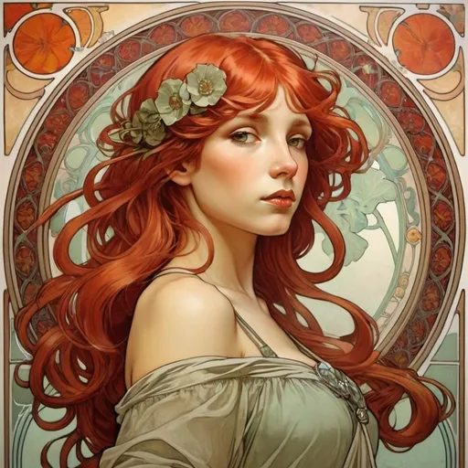 Prompt: Alphonse Mucha style Art Noveau painting, extra realistic, red hair