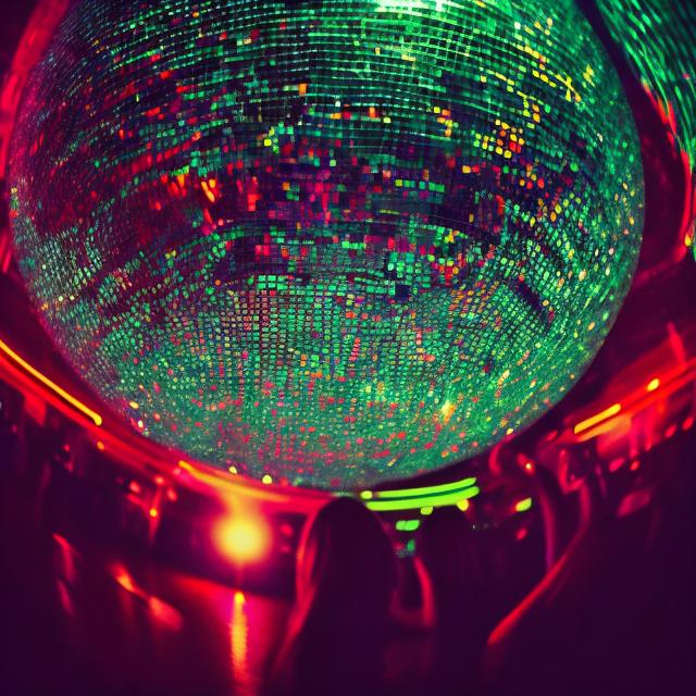 Prompt: 1979. Kodak color, extreme close up of disco ball in a dance hall. fisheyes view. Woman, brunette, model proportions, glowing figure dances alone in the center of the pulsing dance floor. Neon red hues surround.