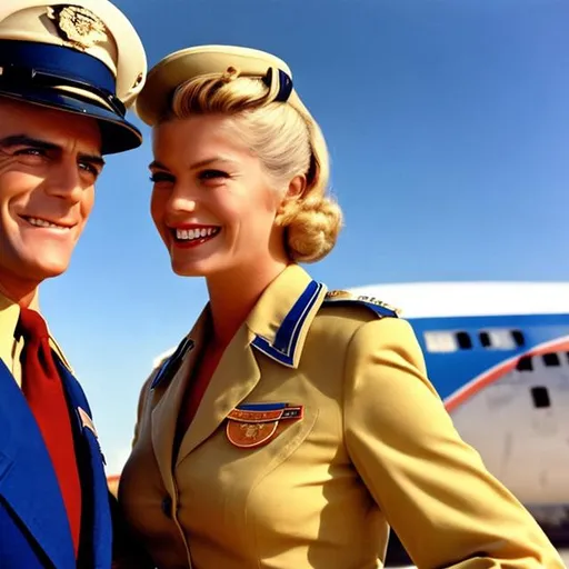 Prompt: 1972. Airplane pilots dressed in uniform with hats on.  Handsome, chiseled jaw, dark hair, blue eyes.  A flight attendant holds a tray of drinks.  She wears a scarf, has blonde hair in a tight bun, make-up and her blouse unbuttoned, chest heaving, bright smile, eyes. Kodak color.
