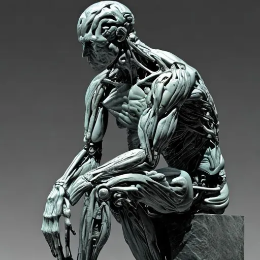 Prompt:  Auguste Rodin's statue, The Thinker, digital brain, cyborg body.