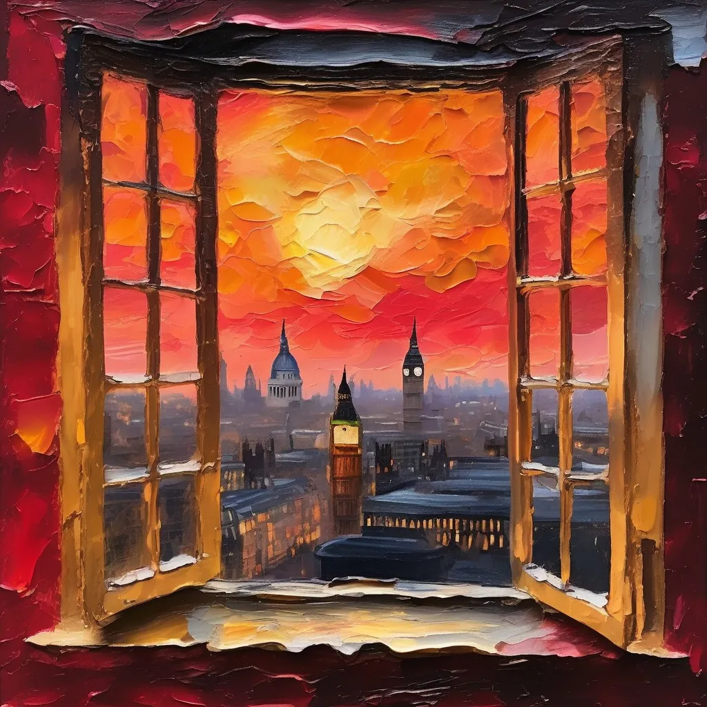 Prompt: Stylized rough sunset through the Victorian window looking at London, scarlet gold, the sky like a faded rose. impressionistic painting with large palette-knife