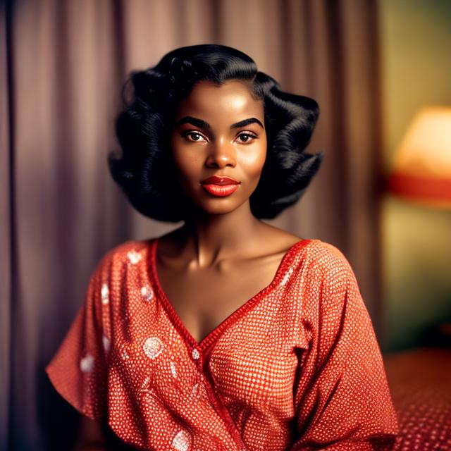 Prompt:  Very realistic 1955.  Beneatha a young African American woman about twenty, slim and intense, lean, almost intellectual face has a handsomeness of its own.
She wears a bright-red flannel nightie, and her thick hair stands wildly about her head. Kodak color.