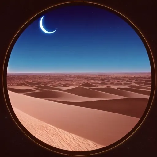 Prompt: Night falls over the desert, the deepening blue vault of the sky. The desert around us is gold.  A thin sliver of moon hangs over a circle of mesas.