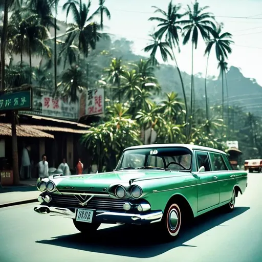 Prompt: 1962. Foreground: Young man in slacks and a short-sleeved button up shirt leans against a green sedan in front of a bamboo hotel sign. ARAWK bright in neon blue. Middle ground: a native hotel. Palm trees sway in the background behind the hotel. Kodak color film, 8mm