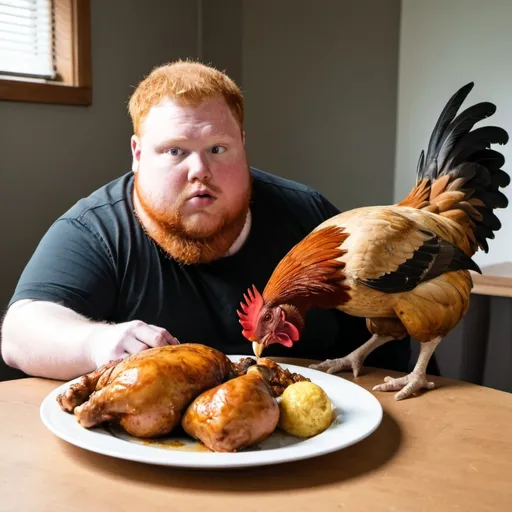 Prompt: Fat ginger eating a massive chicken alongside a fat blackie

