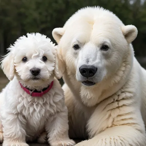 Prompt: White miniature cockapoo and polar bear are best friends