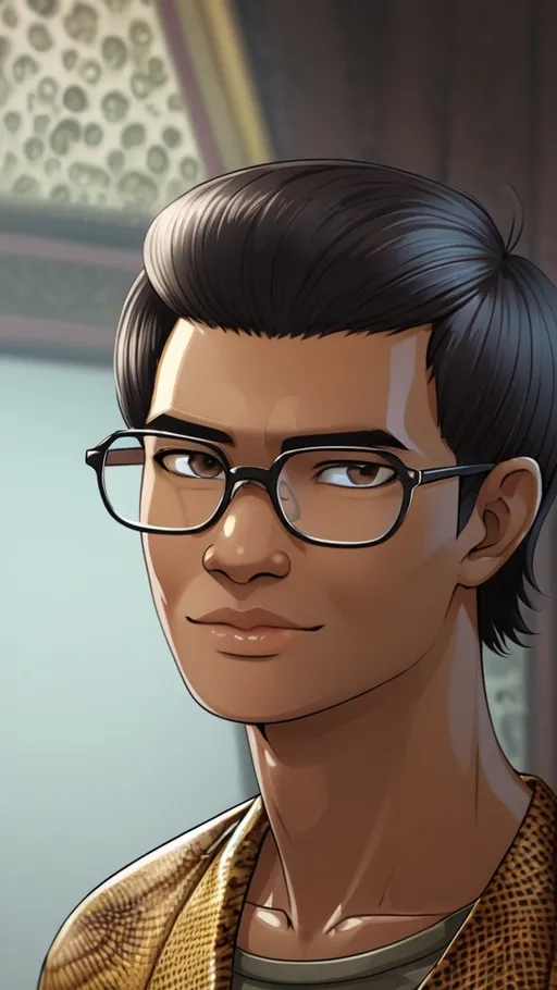 Prompt: an indonesian man wearing glasses ,close up , with short hair, exotic skin, make it realistic