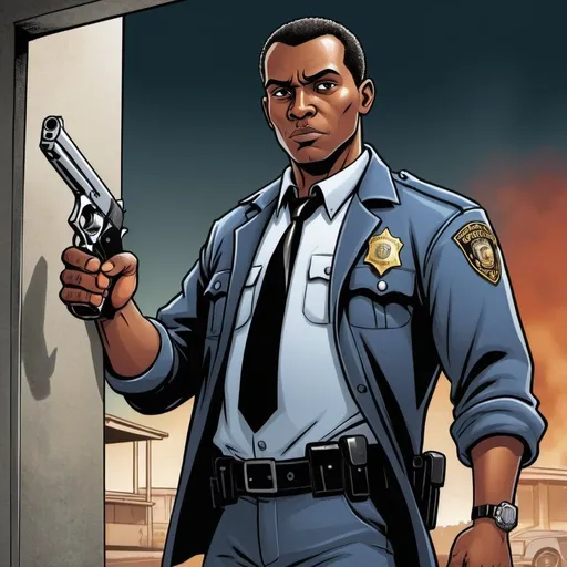 Prompt: Design a book cover for a graphic novel about police detective solving
crime in Trinidad and Tobago with a gun in his hand in a shoot out. The design must include the full body of a male
figure. Dimensions should be 8.5”x11”