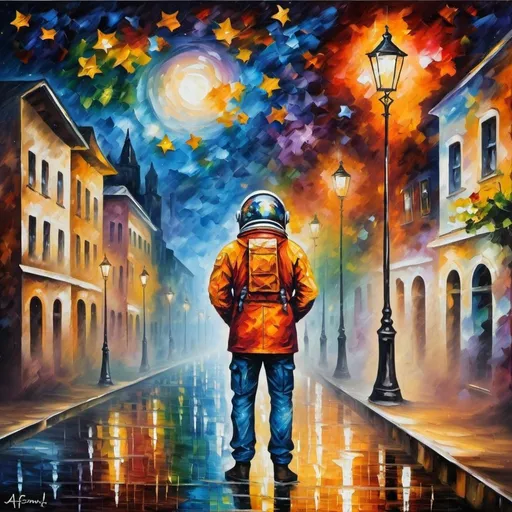 Prompt:  space astronuat hiding in the background of a Leonid Afremov street painting