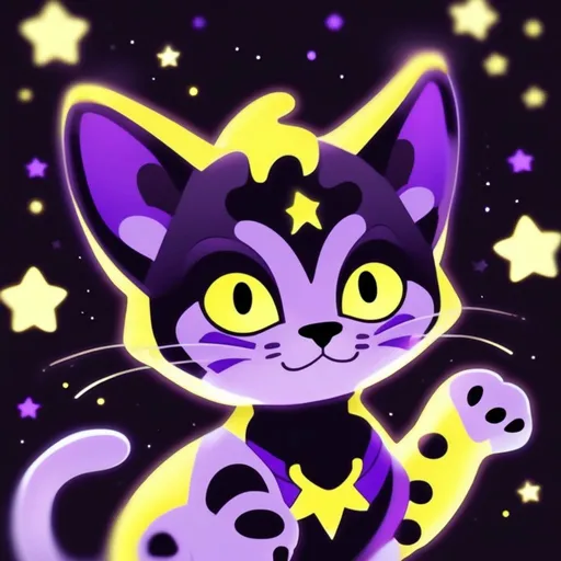 Prompt: Galaxy is an anthropomorphic cat. Her fur is a unique combination of purple on her face, tail tip, and paws, yellow on her belly and muzzle, and black everywhere else. She has a mysterious swirl on her forehead and tiny stars scattered throughout her fur, giving her a celestial aura. Black background. Humanoid. Selfie.