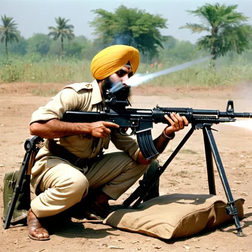 Prompt: make a sikh indian soilder firing a heavy machine gun 1962's


