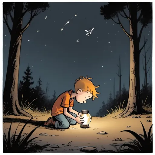 Prompt: draw in the art style of calvin and hobbes;
calvin opening his cupped hands to see the firefly he caught had escaped so he is sad