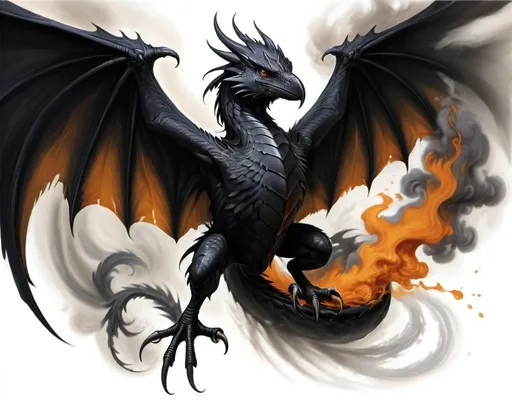 Prompt: a crow dragon hybrid with a black head on a white background with orange smoke and water, Anne Stokes, fantasy art, dragon art, an airbrush painting