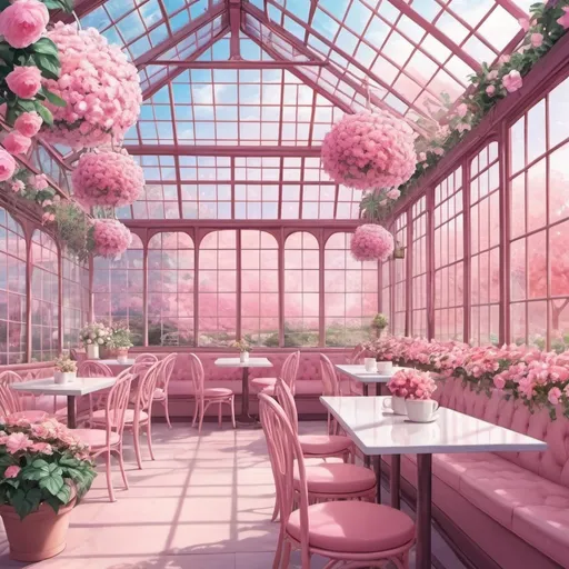 Prompt: glasshouse pink cafe dreamy flower elegant anime background