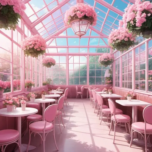 Prompt: glasshouse pink cafe dreamy flower elegant anime background