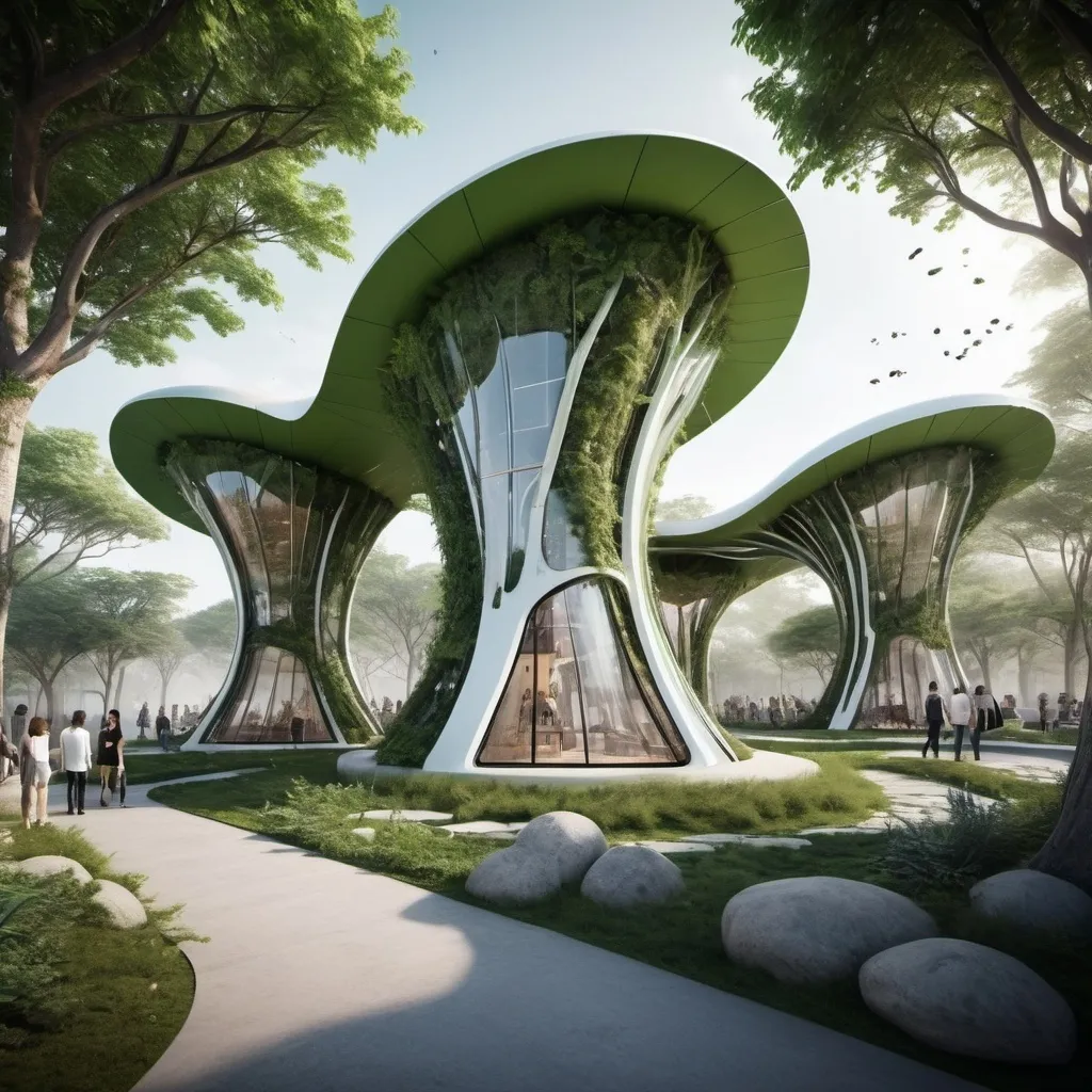 Prompt: Design A ground floor pavillion of 500 square meter area and 7 meter height for urban zoo. It should be futuristic and complex and aesthetic 