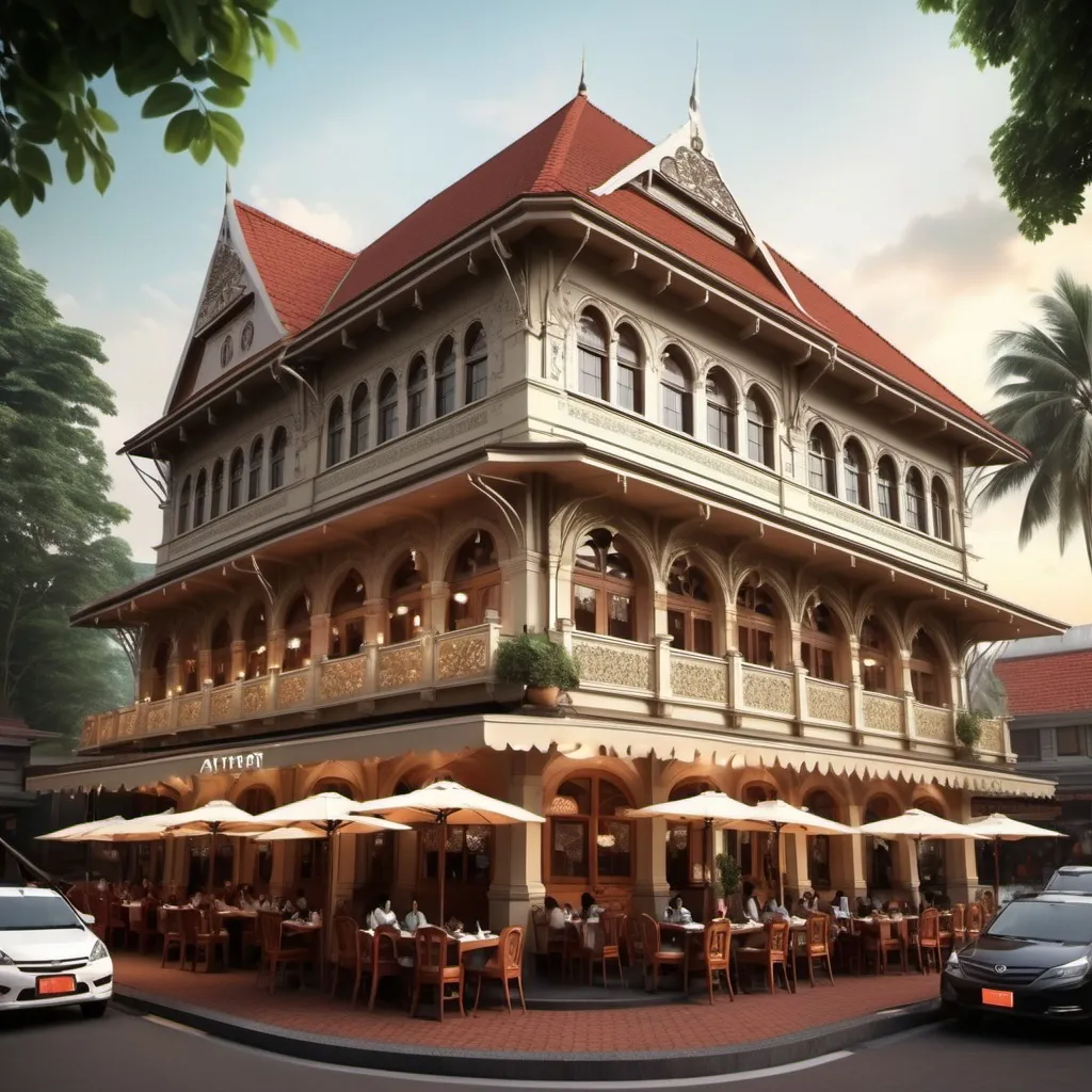 Prompt: The restaurant called "ATHIRAT YATRA"
Consist of 2 floor
The 1st floor is indoor
The 2nd floor is outdoor + love music
The restaurant vibe is vintage restaurant
The type of the restaurant is Dutch and Indonesia building